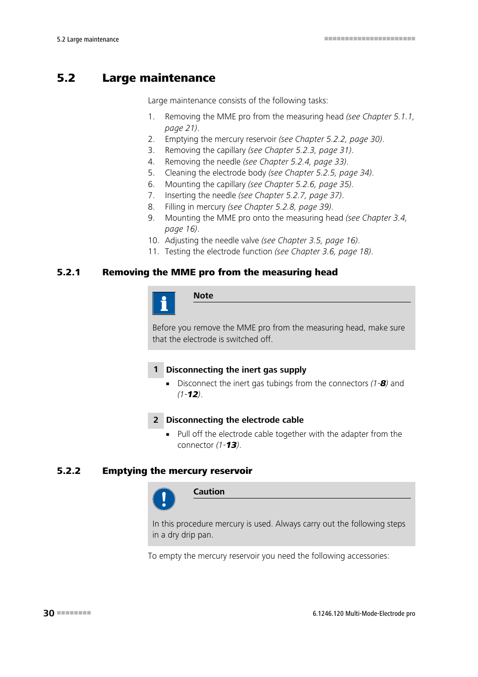 2 large maintenance, 1 removing the mme pro from the measuring head, 2 emptying the mercury reservoir | Large maintenance, Removing the mme pro from the measuring head, Emptying the mercury reservoir | Metrohm Multi-Mode Electrode pro User Manual | Page 38 / 57