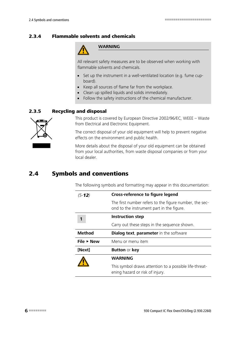 4 flammable solvents and chemicals, 5 recycling and disposal, 4 symbols and conventions | Flammable solvents and chemicals, Recycling and disposal, Symbols and conventions | Metrohm 930 Compact IC Flex Oven/ChS/Deg User Manual | Page 14 / 47