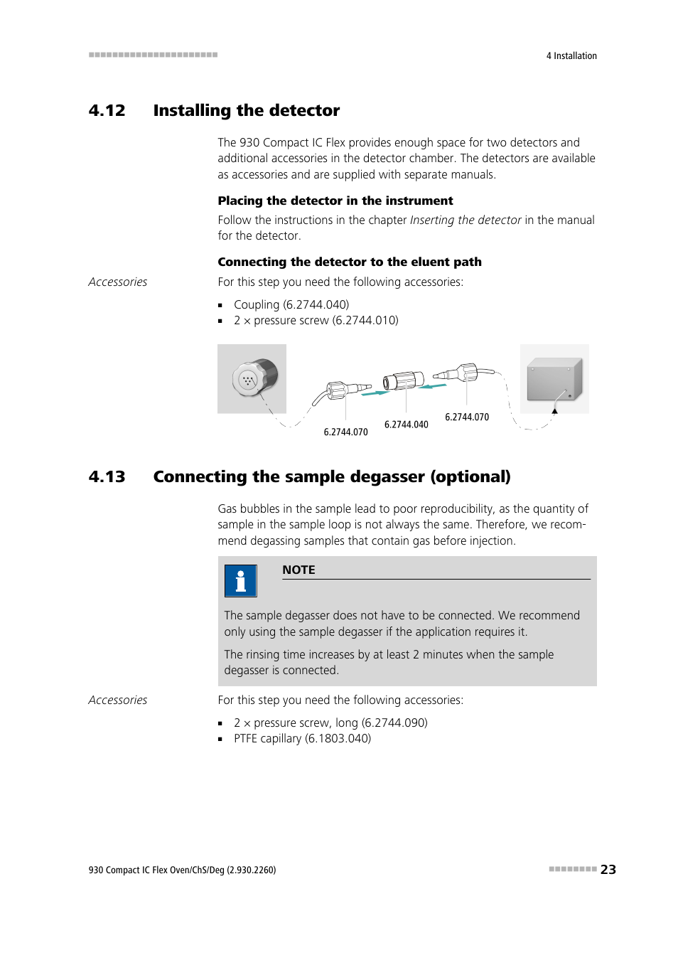 12 installing the detector, 13 connecting the sample degasser (optional) | Metrohm 930 Compact IC Flex Oven/ChS/Deg User Manual | Page 31 / 47