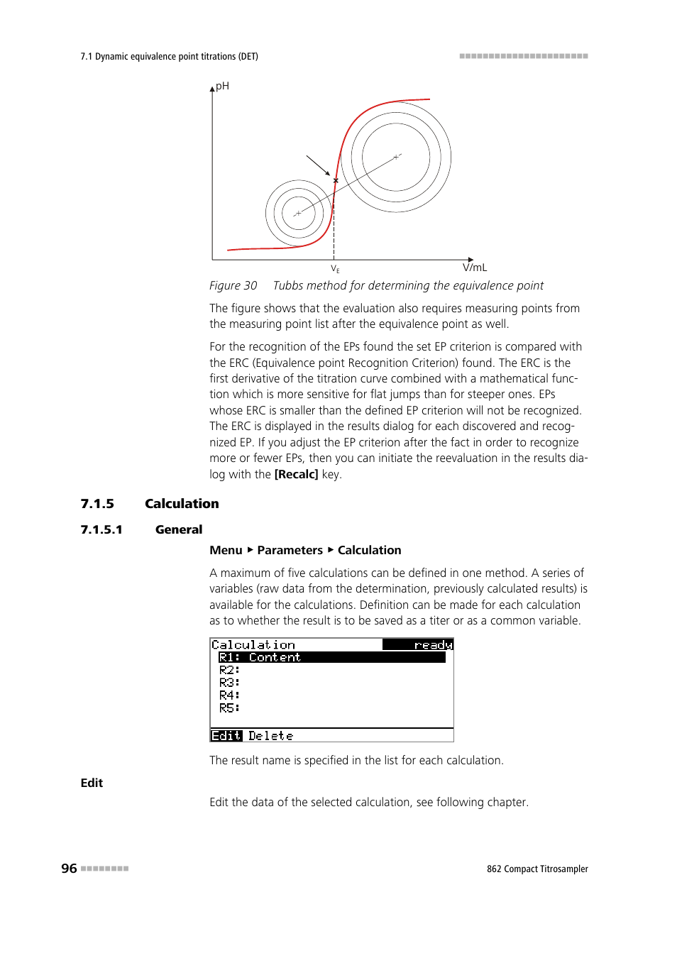 5 calculation, 1 general, Calculation | Figure 30, Tubbs method for determining the equivalence point | Metrohm 862 Compact Titrosampler User Manual | Page 106 / 174