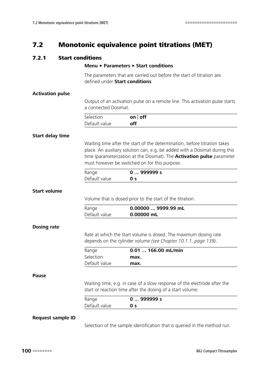 2 monotonic equivalence point titrations (met), 1 start conditions, Monotonic equivalence point titrations (met) | Start conditions | Metrohm 862 Compact Titrosampler User Manual | Page 110 / 174