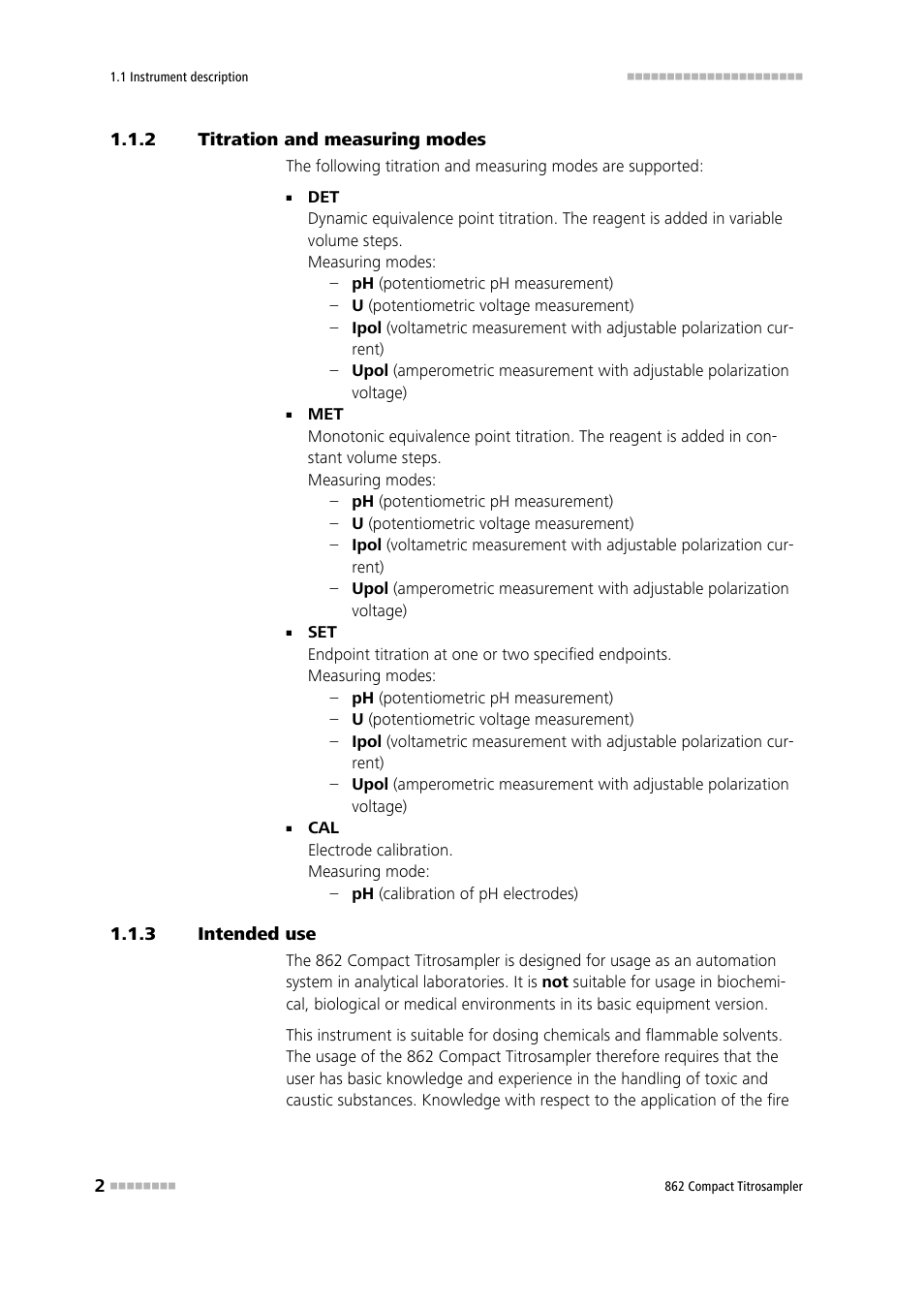 2 titration and measuring modes, 3 intended use, Titration and measuring modes | Intended use | Metrohm 862 Compact Titrosampler User Manual | Page 12 / 174