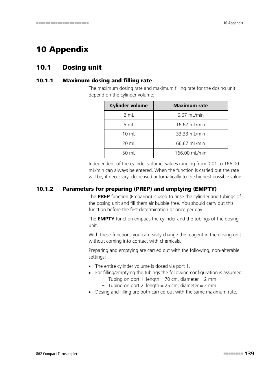 10 appendix, 1 dosing unit, 1 maximum dosing and filling rate | 1 dosing unit 10.1.1, Maximum dosing and filling rate | Metrohm 862 Compact Titrosampler User Manual | Page 149 / 174