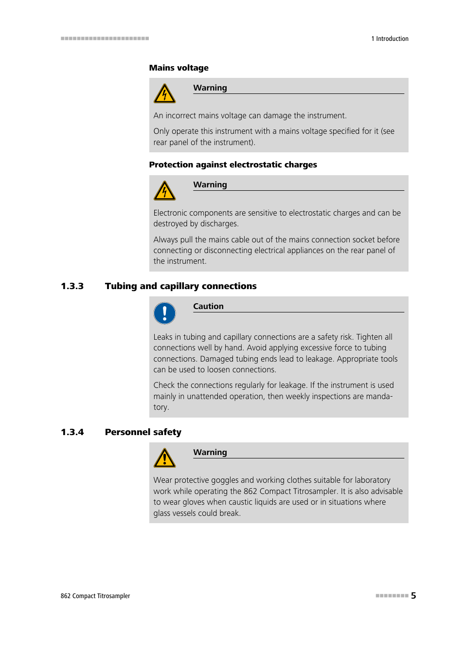 3 tubing and capillary connections, 4 personnel safety, Tubing and capillary connections | Personnel safety | Metrohm 862 Compact Titrosampler User Manual | Page 15 / 174