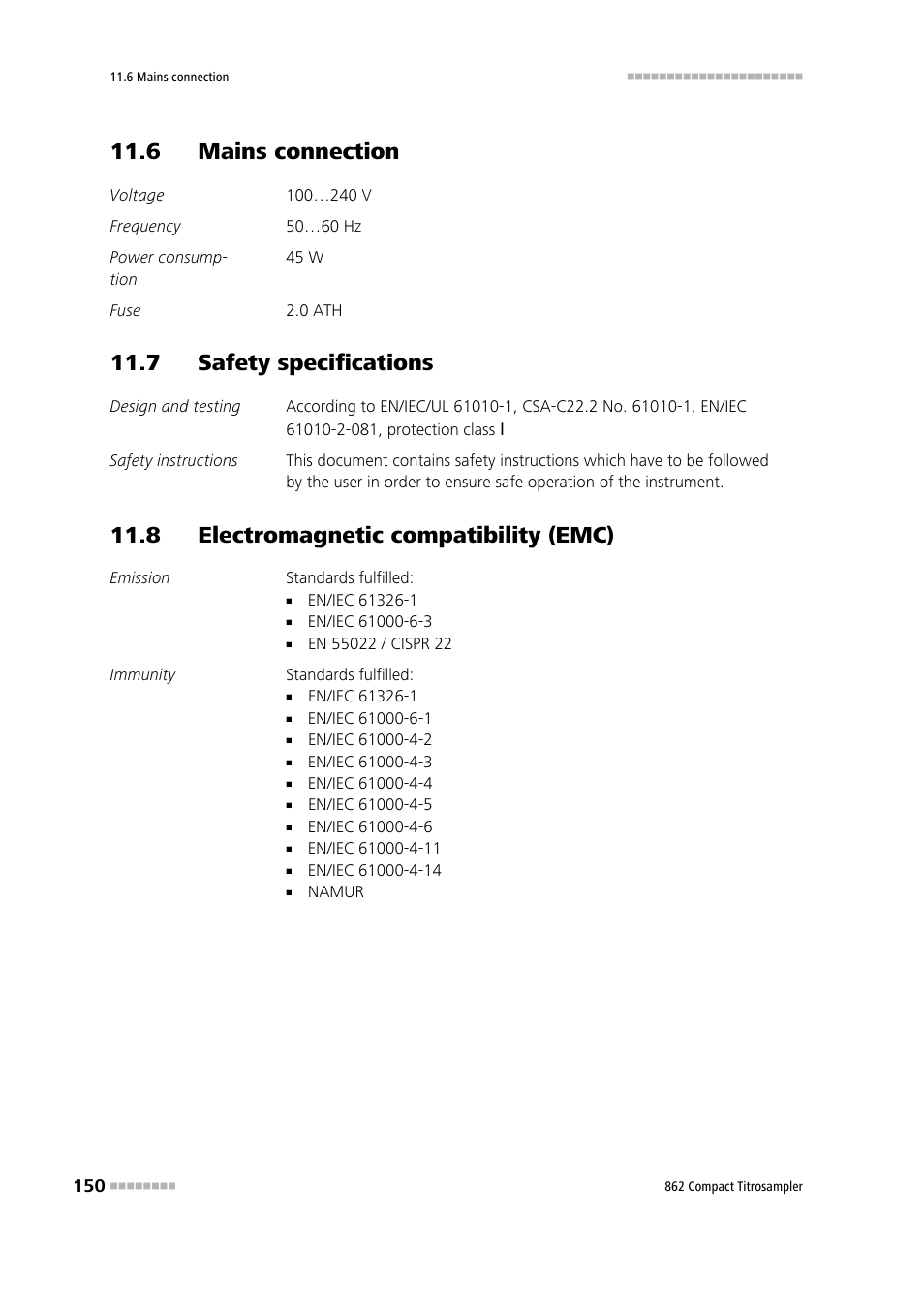 6 mains connection, 7 safety specifications, 8 electromagnetic compatibility (emc) | Metrohm 862 Compact Titrosampler User Manual | Page 160 / 174