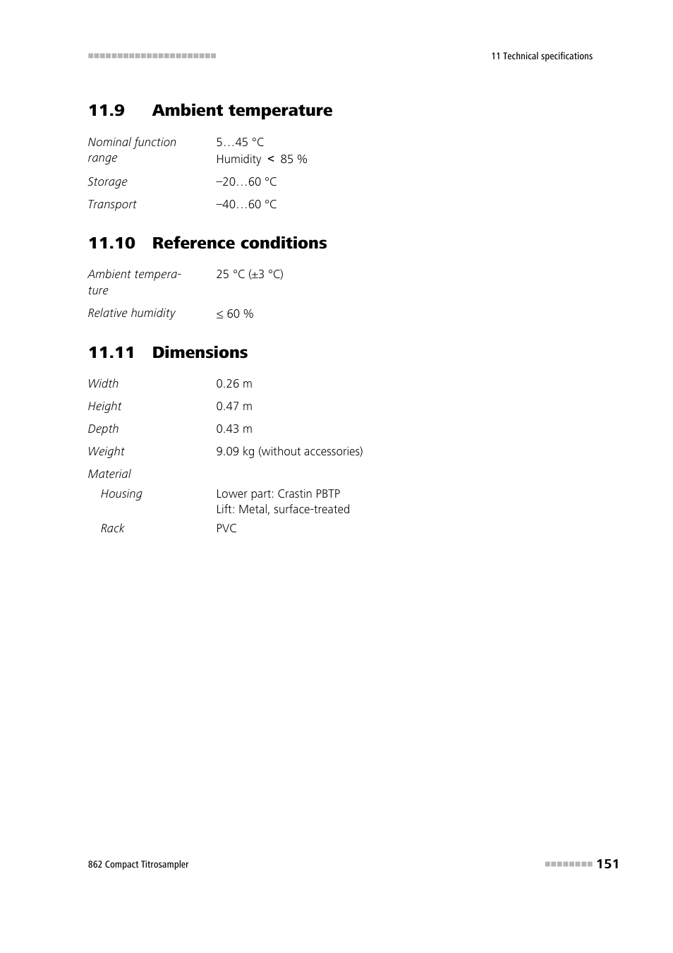 9 ambient temperature, 10 reference conditions, 11 dimensions | Metrohm 862 Compact Titrosampler User Manual | Page 161 / 174