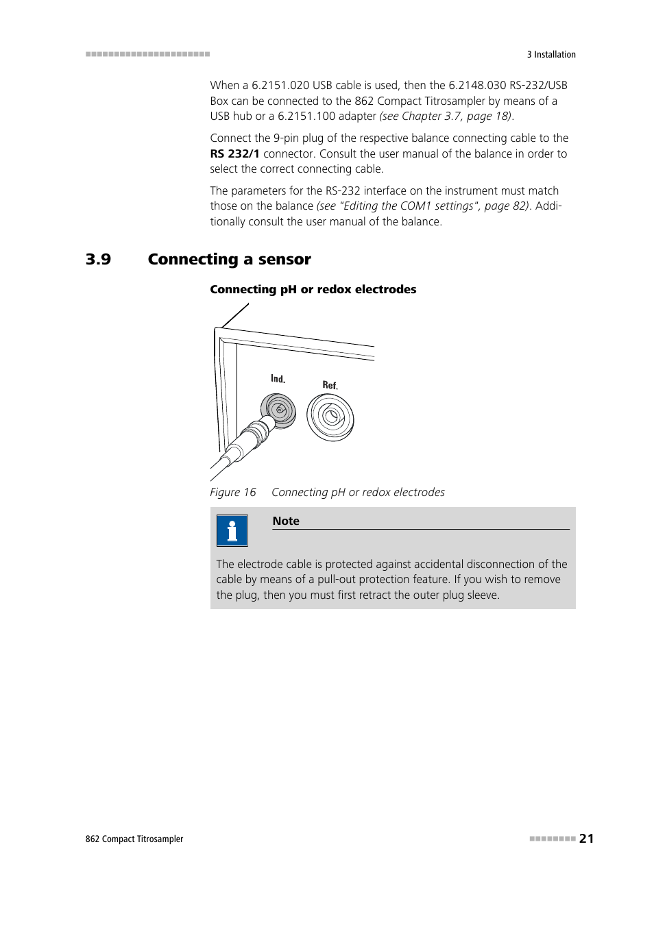 9 connecting a sensor, Connecting a sensor, Figure 16 | Connecting ph or redox electrodes | Metrohm 862 Compact Titrosampler User Manual | Page 31 / 174