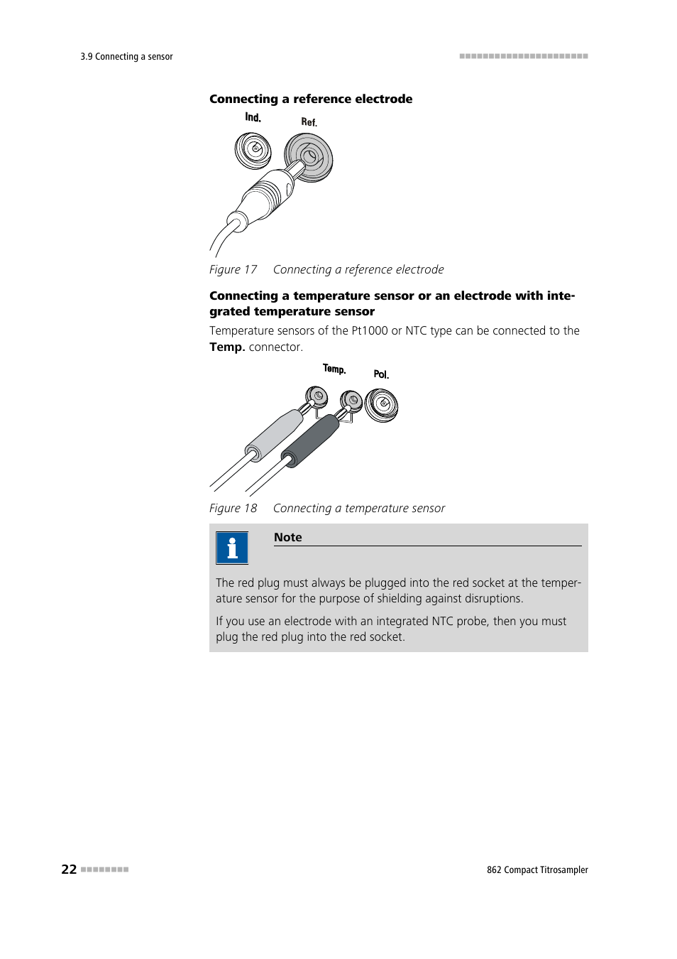 Figure 17, Connecting a reference electrode, Figure 18 | Connecting a temperature sensor | Metrohm 862 Compact Titrosampler User Manual | Page 32 / 174