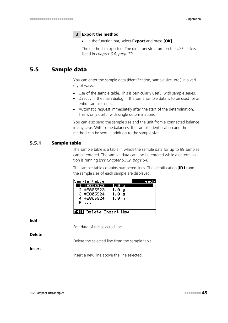 5 sample data, 1 sample table, Sample data | Sample table | Metrohm 862 Compact Titrosampler User Manual | Page 55 / 174