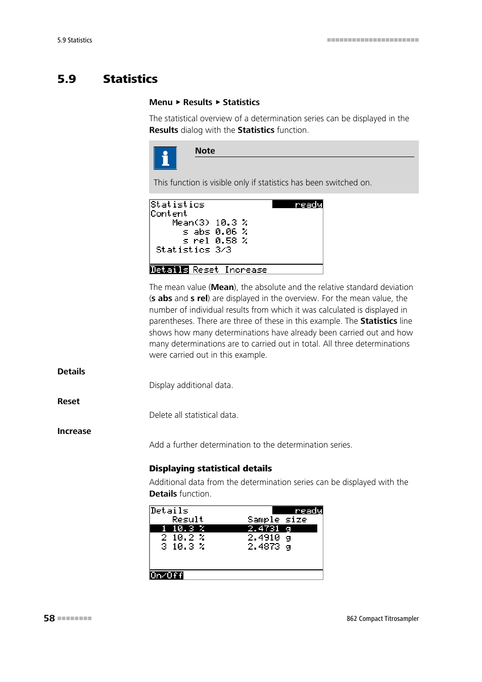 9 statistics, Statistics | Metrohm 862 Compact Titrosampler User Manual | Page 68 / 174