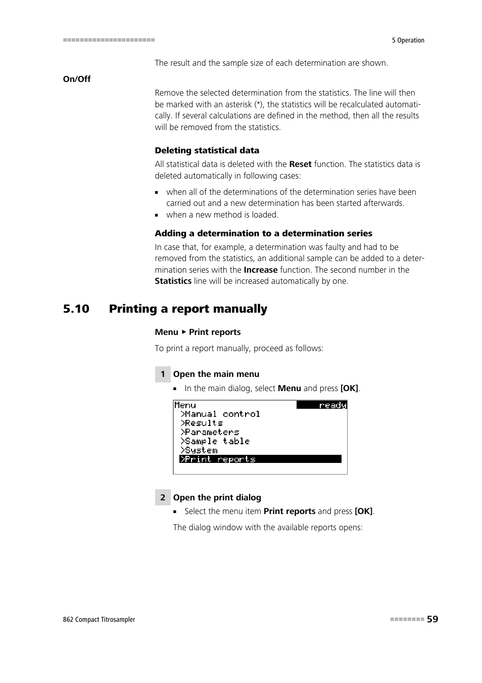 10 printing a report manually | Metrohm 862 Compact Titrosampler User Manual | Page 69 / 174