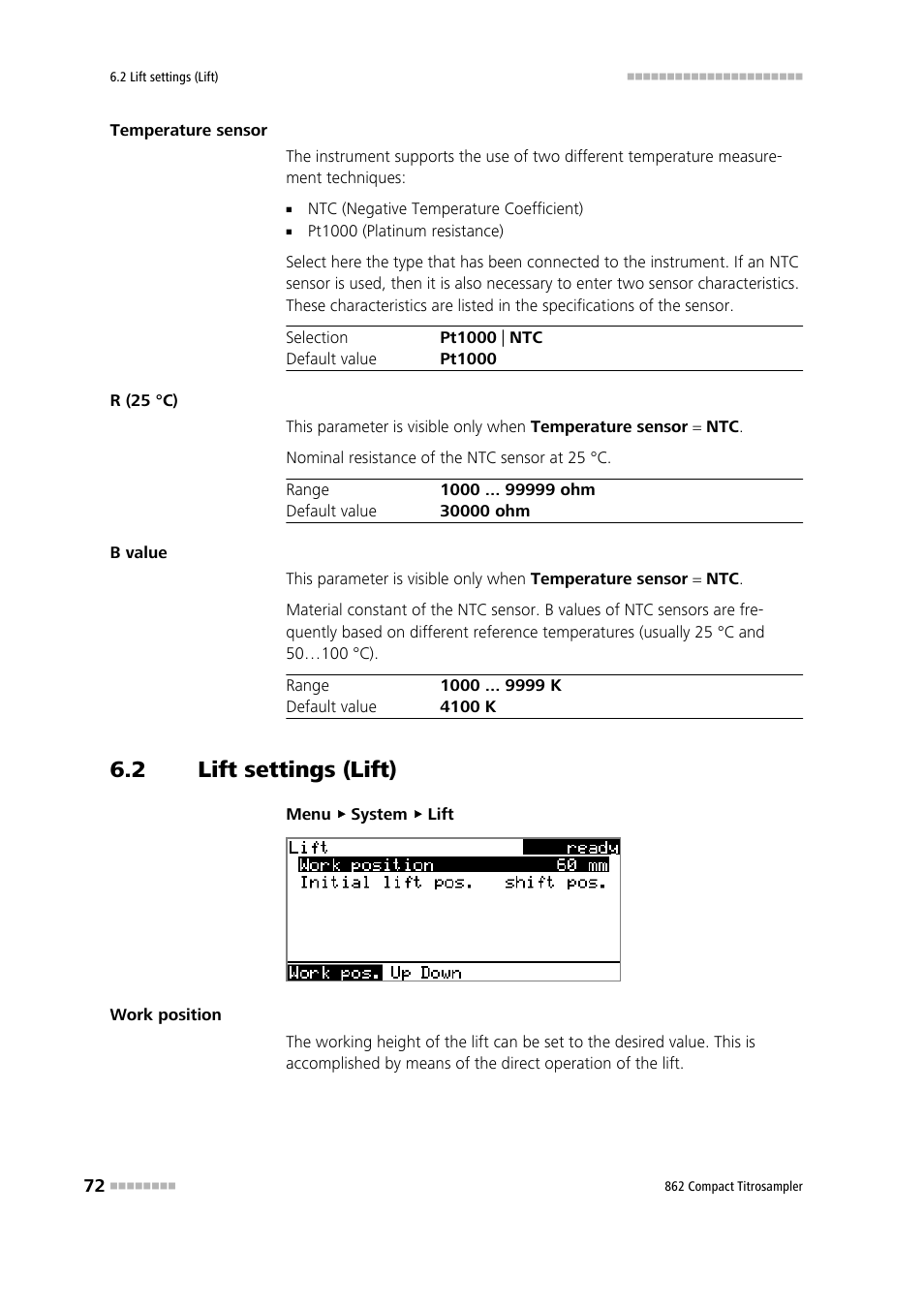 2 lift settings (lift), Lift settings (lift) | Metrohm 862 Compact Titrosampler User Manual | Page 82 / 174
