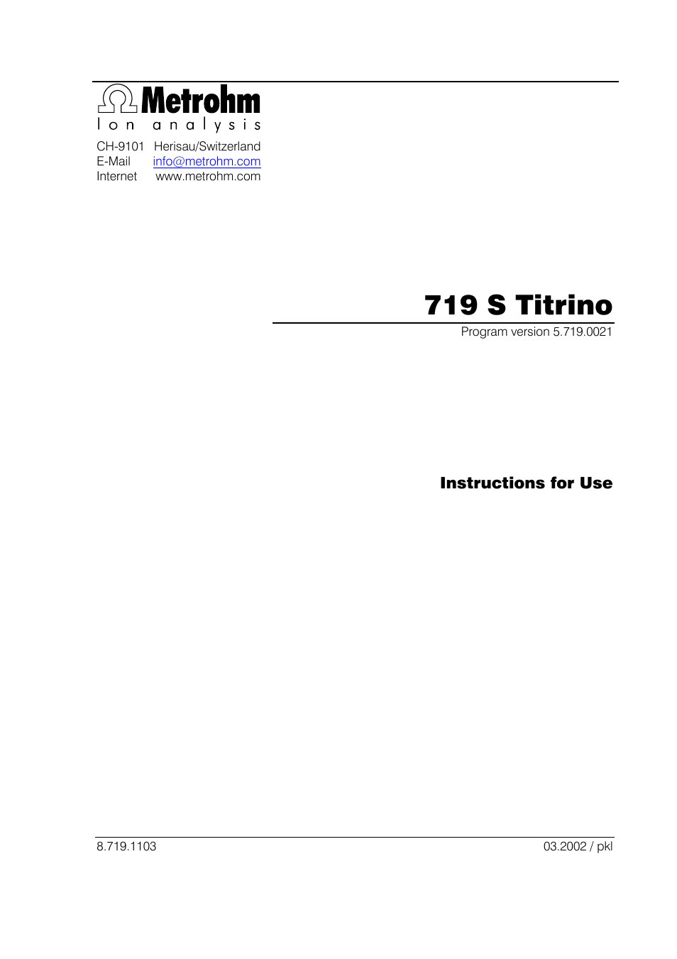 Metrohm 719 S Titrino User Manual | 152 pages