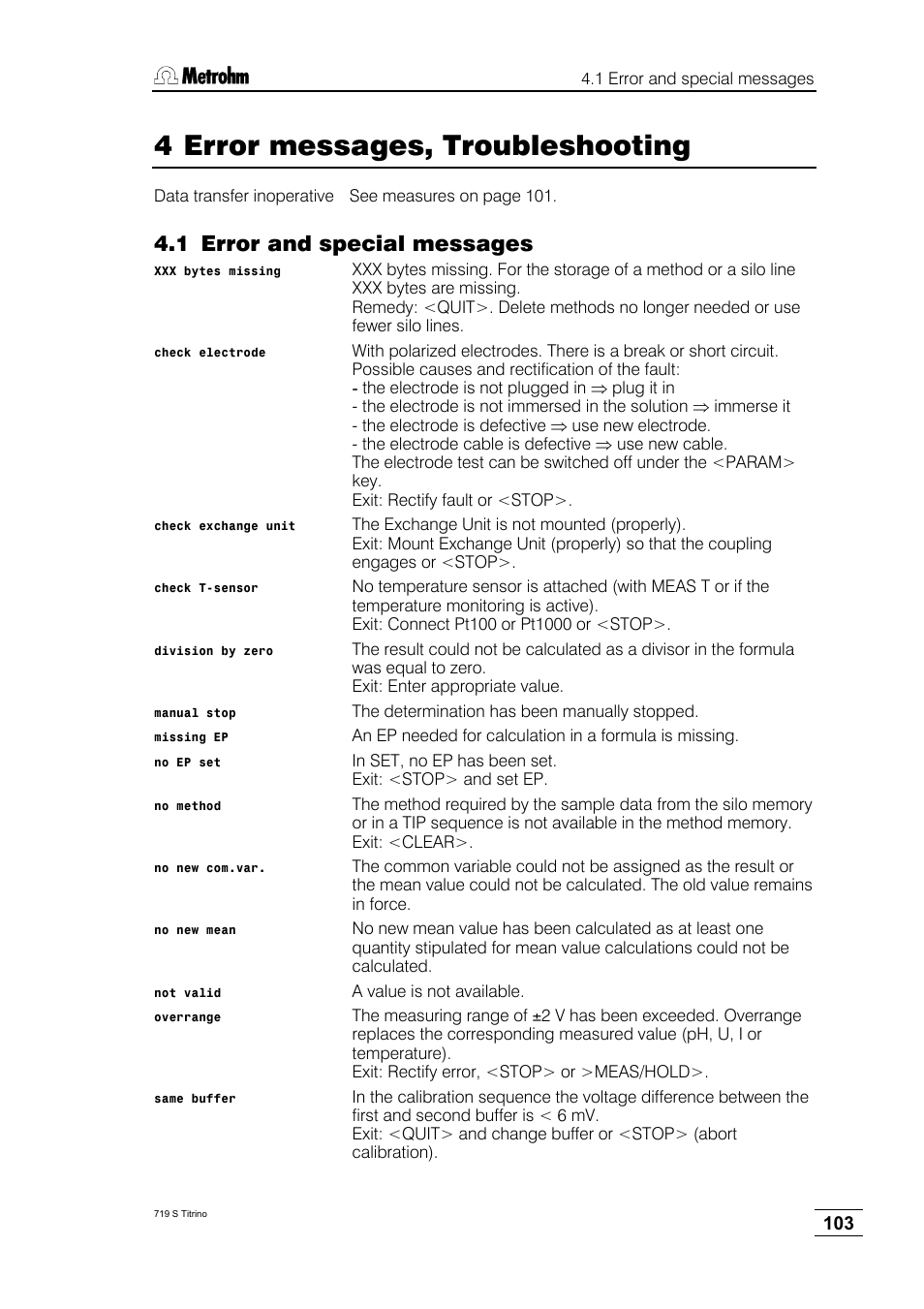 4 error messages, troubleshooting, 1 error and special messages | Metrohm 719 S Titrino User Manual | Page 107 / 152