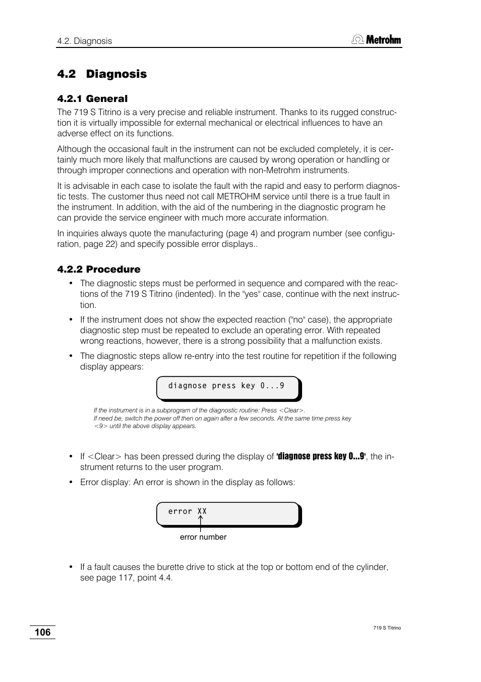 2 diagnosis, 1 general, 2 procedure | Metrohm 719 S Titrino User Manual | Page 110 / 152