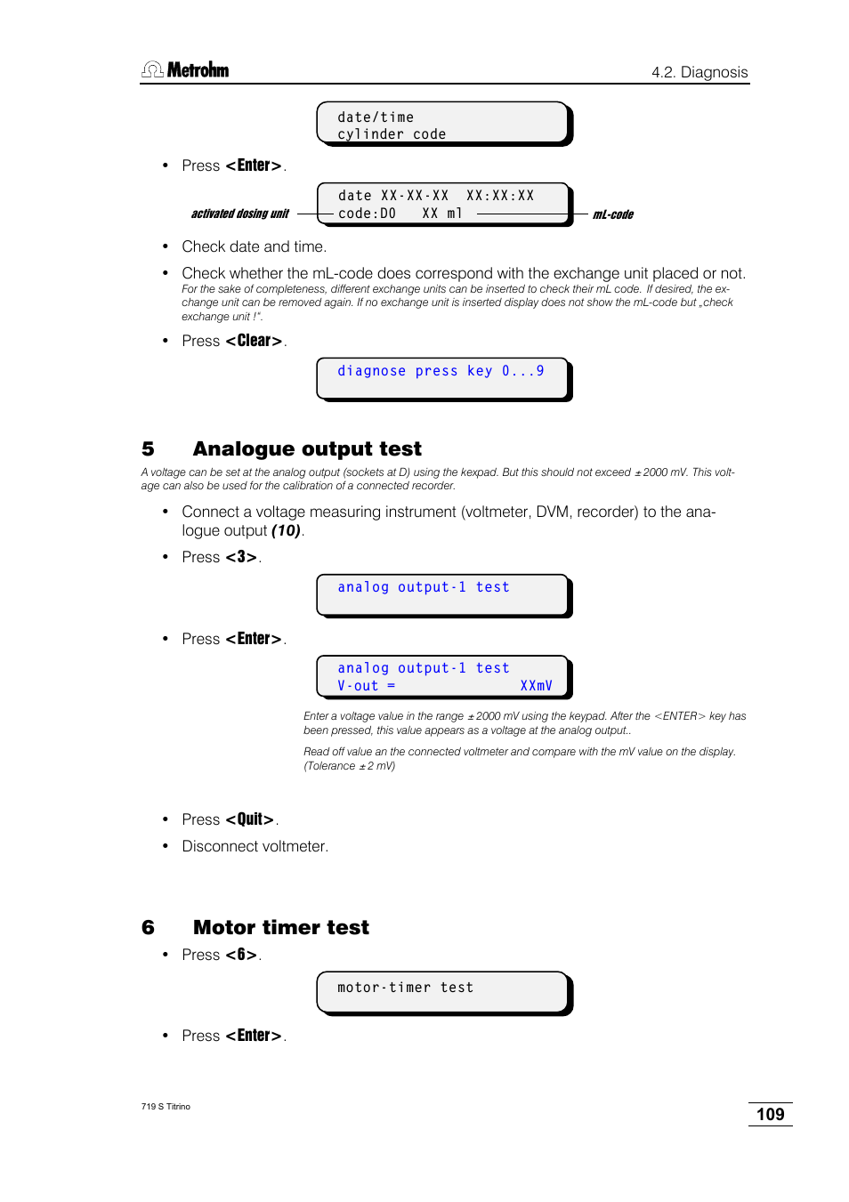 5analogue output test, 6motor timer test | Metrohm 719 S Titrino User Manual | Page 113 / 152