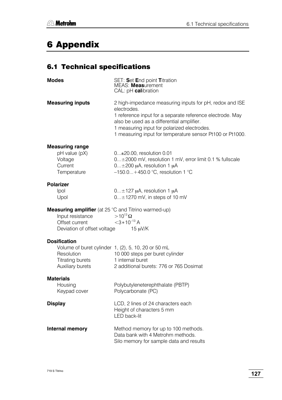 6 appendix, 1 technical specifications | Metrohm 719 S Titrino User Manual | Page 131 / 152