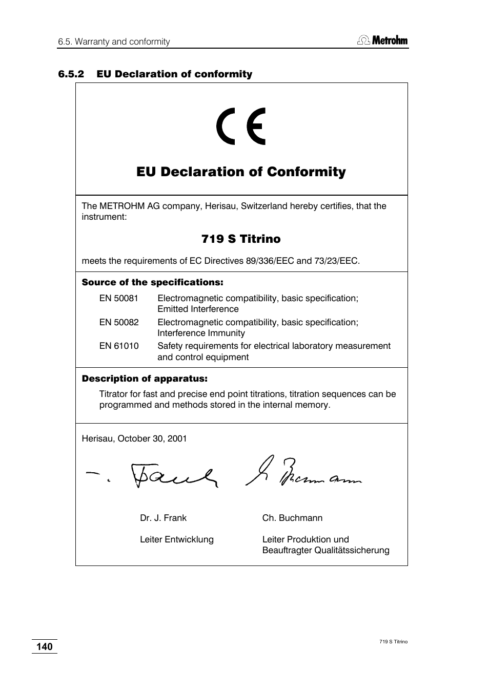 2 eu declaration of conformity, Eu declaration of conformity, 719 s titrino | Metrohm 719 S Titrino User Manual | Page 144 / 152