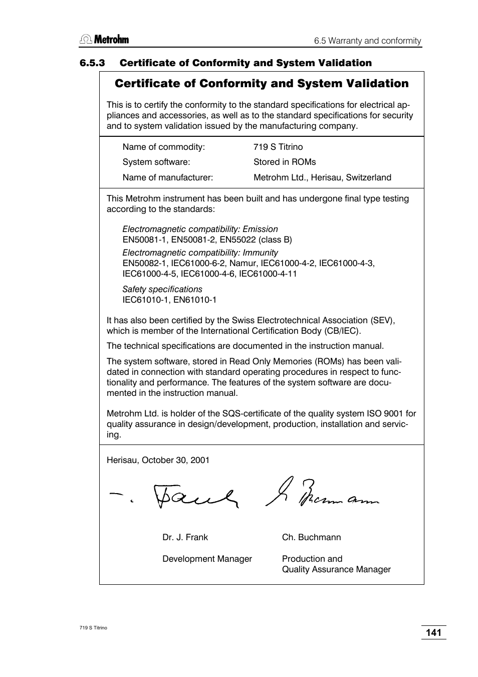 3 certificate of conformity and system validation, Certificate of conformity and system validation | Metrohm 719 S Titrino User Manual | Page 145 / 152