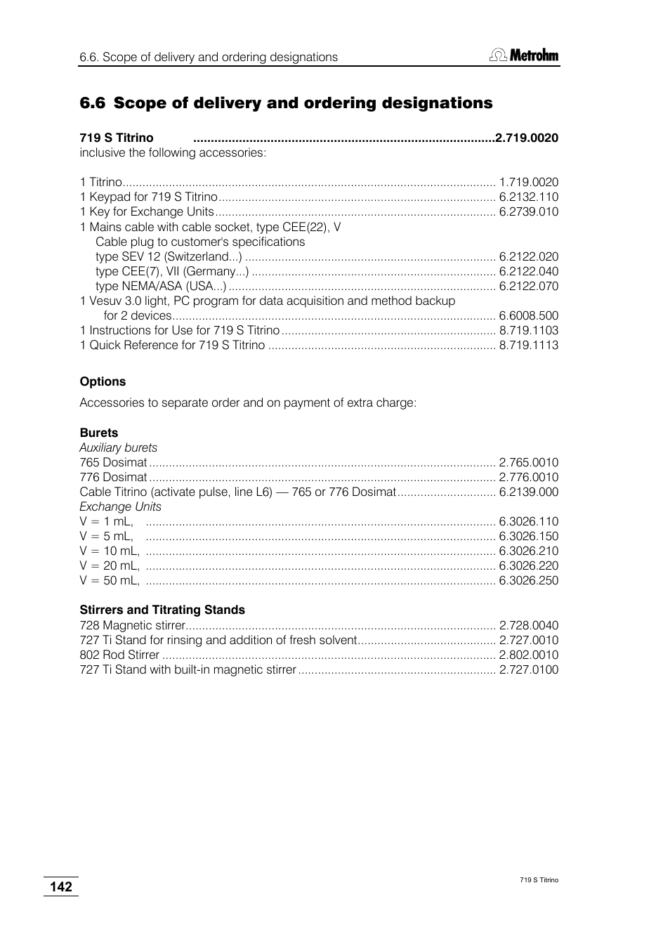 6 scope of delivery and ordering designations | Metrohm 719 S Titrino User Manual | Page 146 / 152