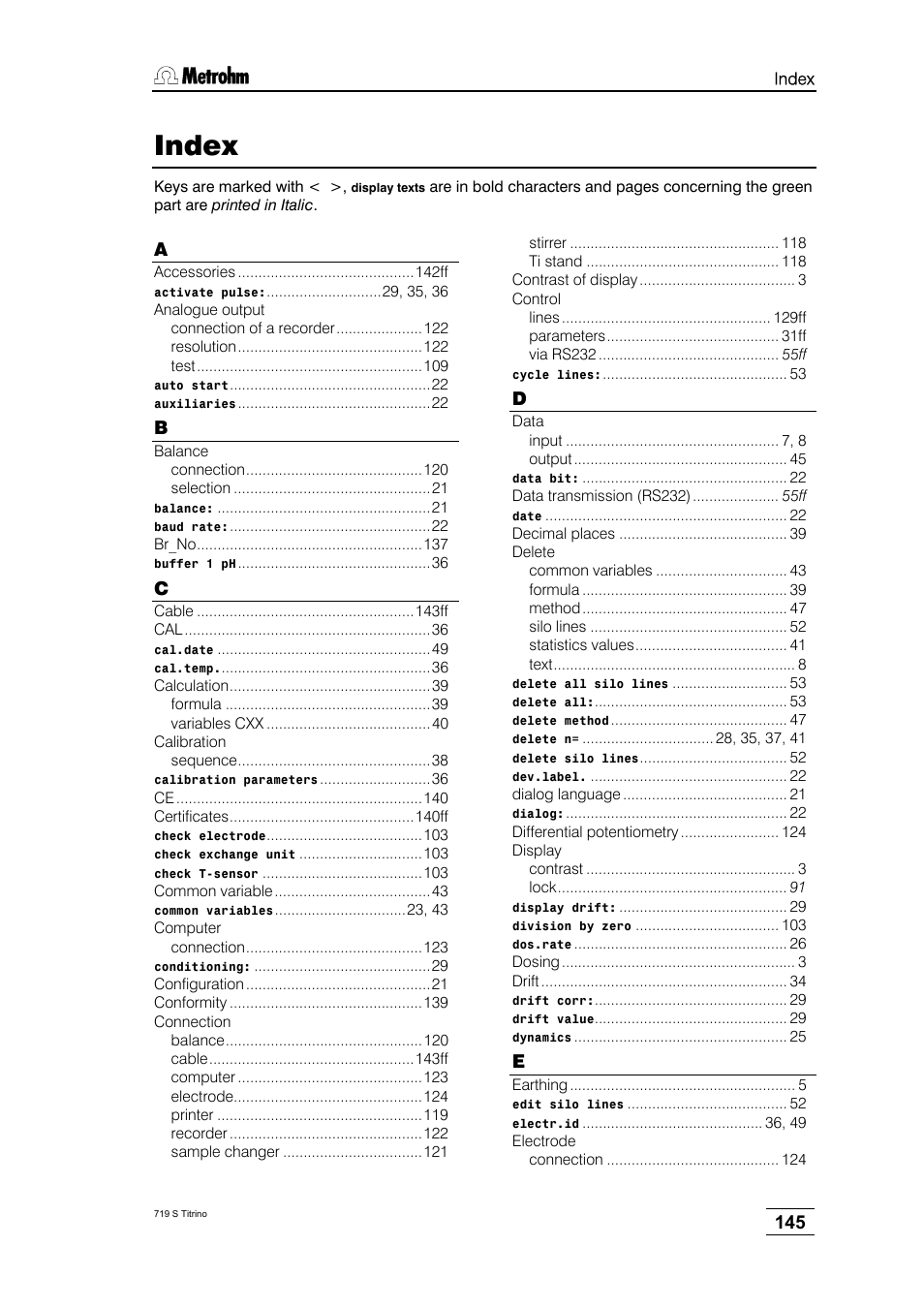 Index | Metrohm 719 S Titrino User Manual | Page 149 / 152