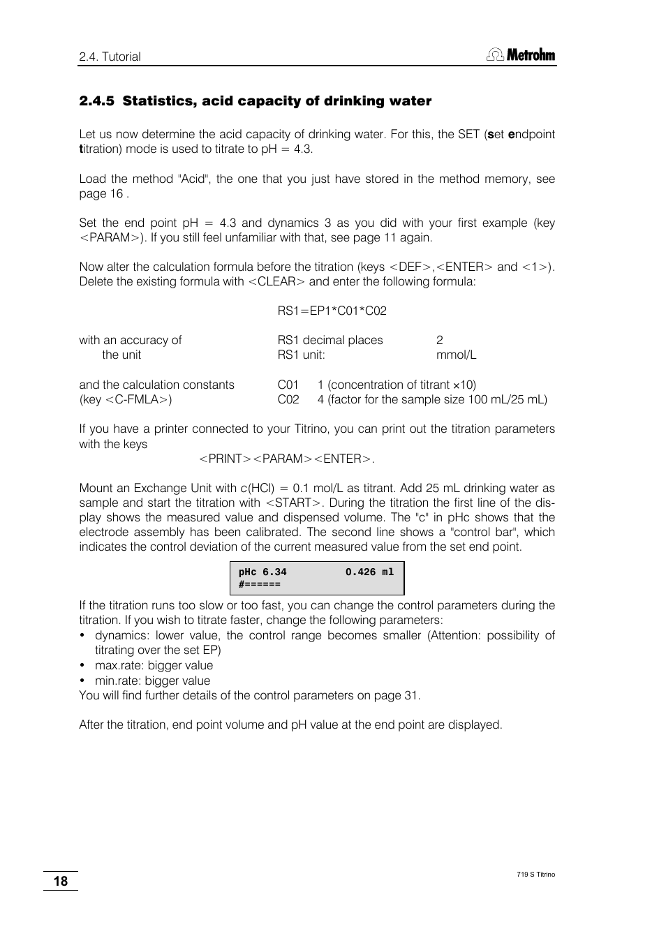 5 statistics, acid capacity of drinking water | Metrohm 719 S Titrino User Manual | Page 22 / 152