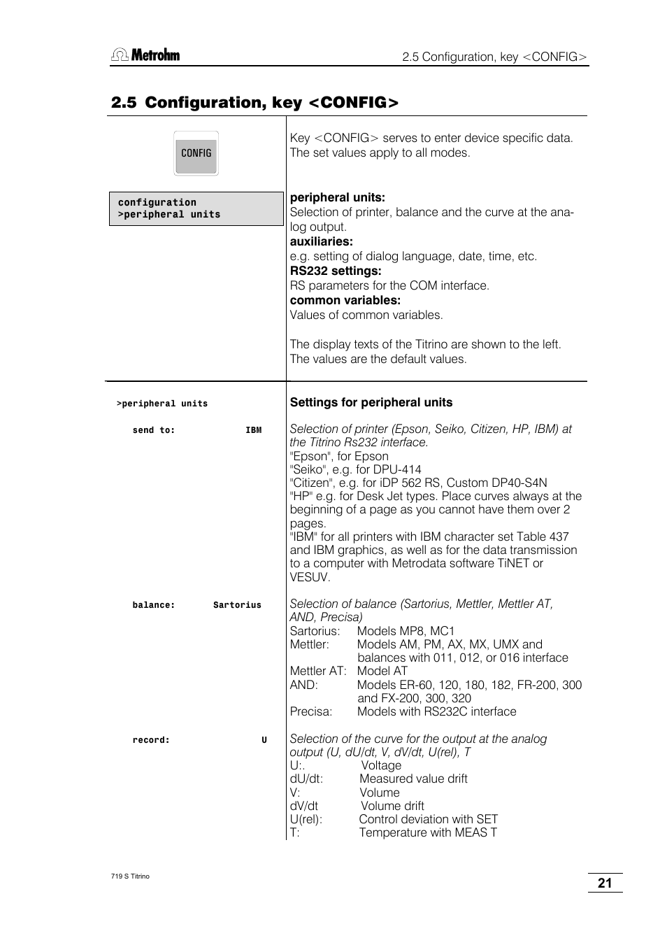 5 configuration, key <config | Metrohm 719 S Titrino User Manual | Page 25 / 152