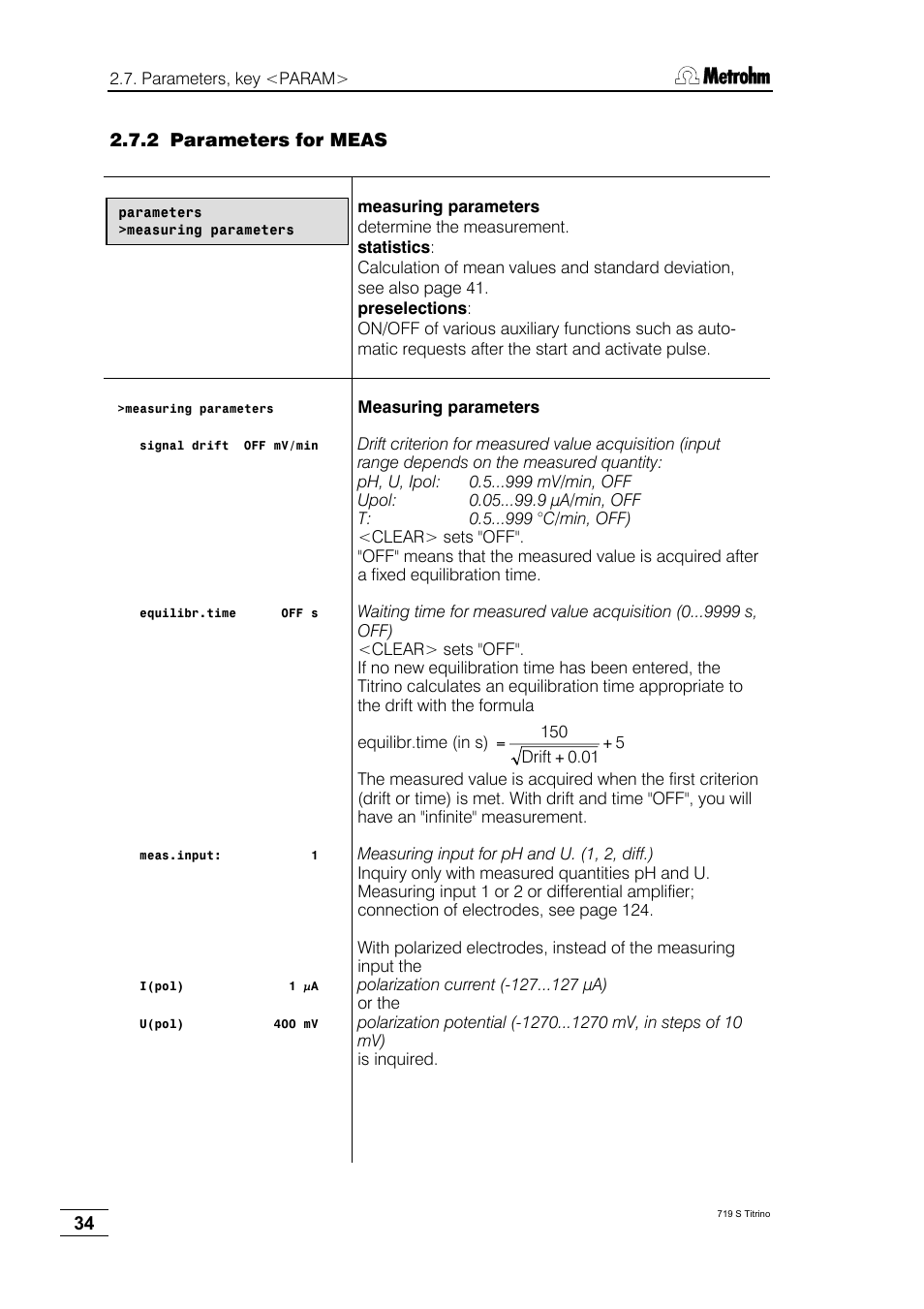 2 parameters for meas | Metrohm 719 S Titrino User Manual | Page 38 / 152