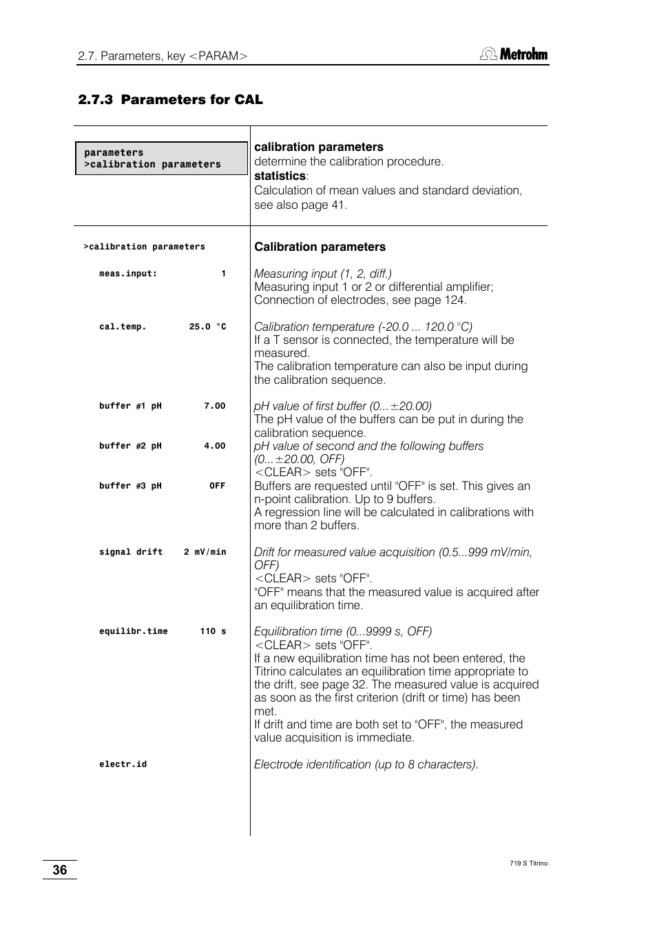 3 parameters for cal | Metrohm 719 S Titrino User Manual | Page 40 / 152