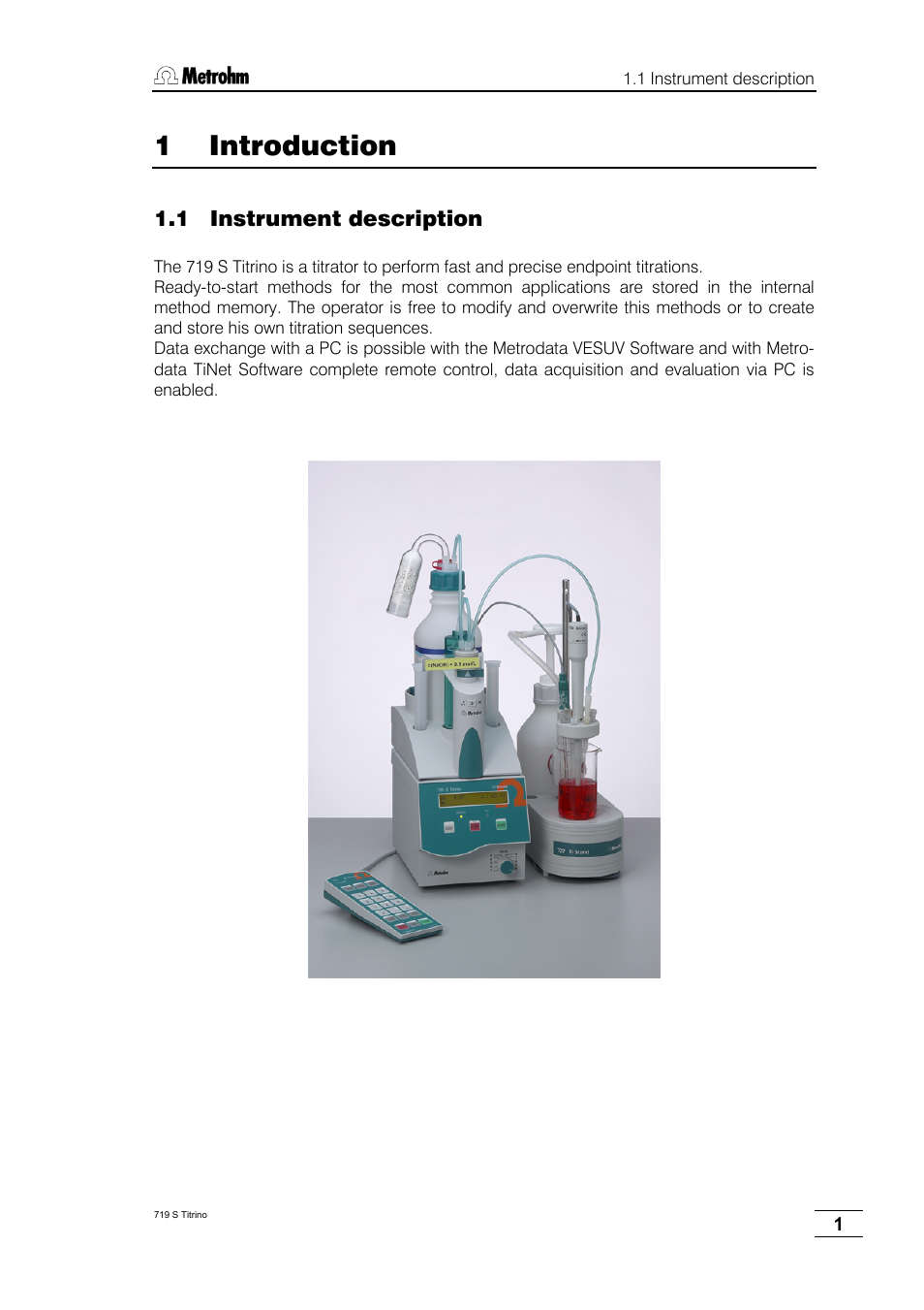 1 introduction, 1 instrument description | Metrohm 719 S Titrino User Manual | Page 5 / 152