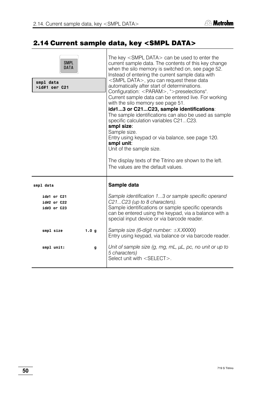 14 current sample data, key <smpl data | Metrohm 719 S Titrino User Manual | Page 54 / 152