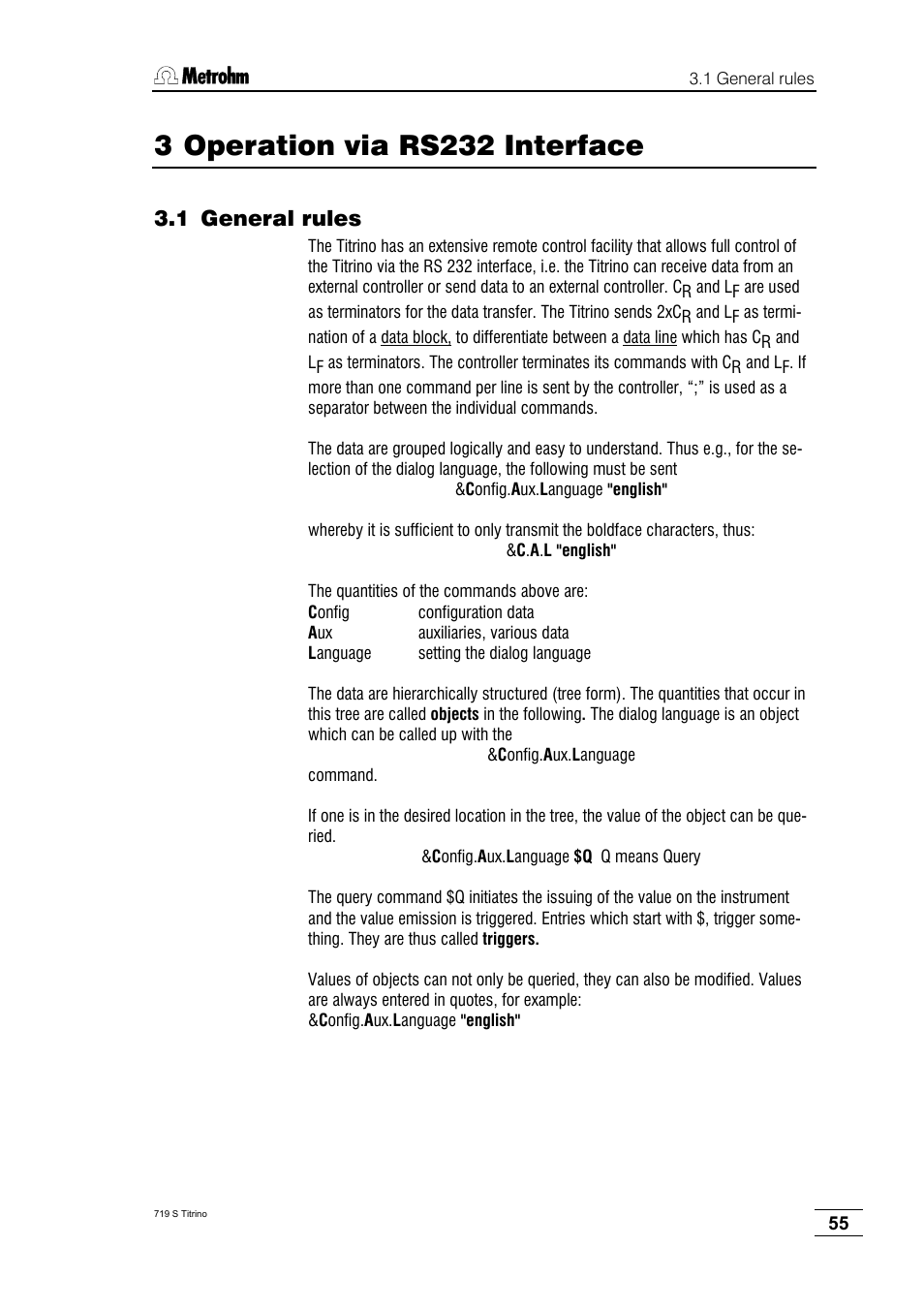 3 operation via rs232 interface, 1 general rules | Metrohm 719 S Titrino User Manual | Page 59 / 152