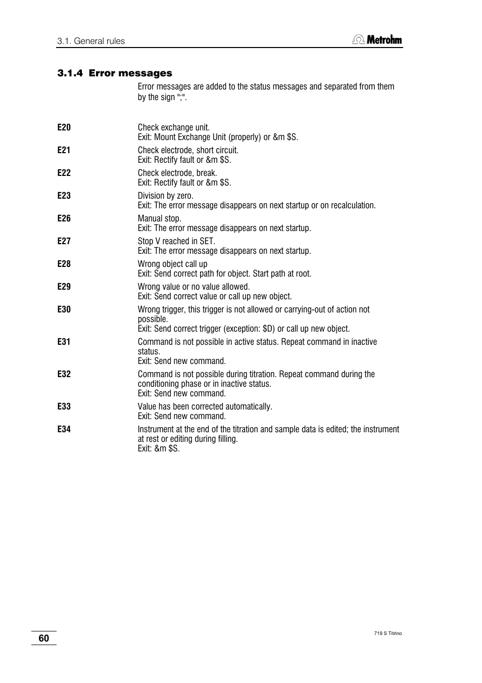 4 error messages | Metrohm 719 S Titrino User Manual | Page 64 / 152