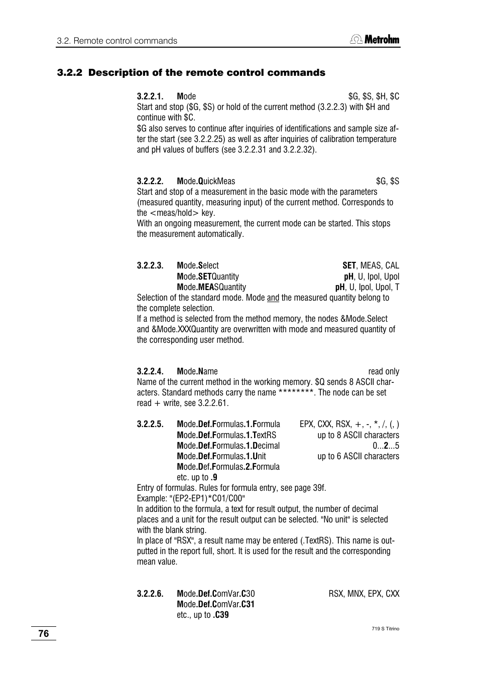 2 description of the remote control commands | Metrohm 719 S Titrino User Manual | Page 80 / 152