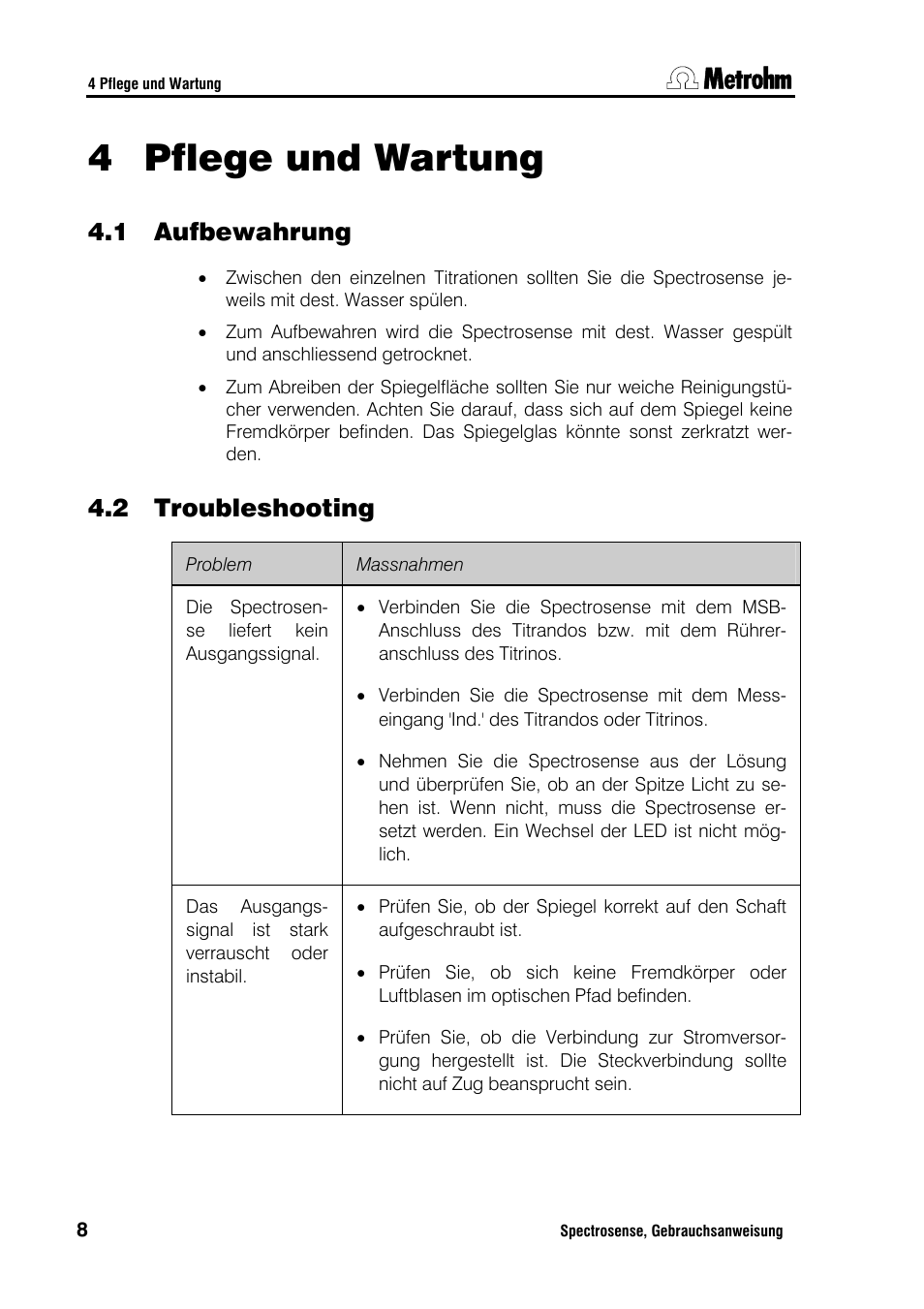 Pflege und wartung, 1 aufbewahrung 4.2 troubleshooting, 4 pflege und wartung | 1 aufbewahrung, 2 troubleshooting | Metrohm Spectrosense User Manual | Page 12 / 92