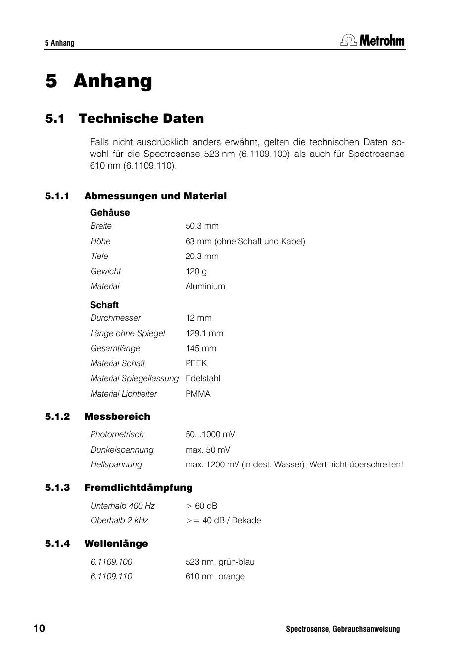 Anhang, 1 technische daten, 5 anhang | Metrohm Spectrosense User Manual | Page 14 / 92