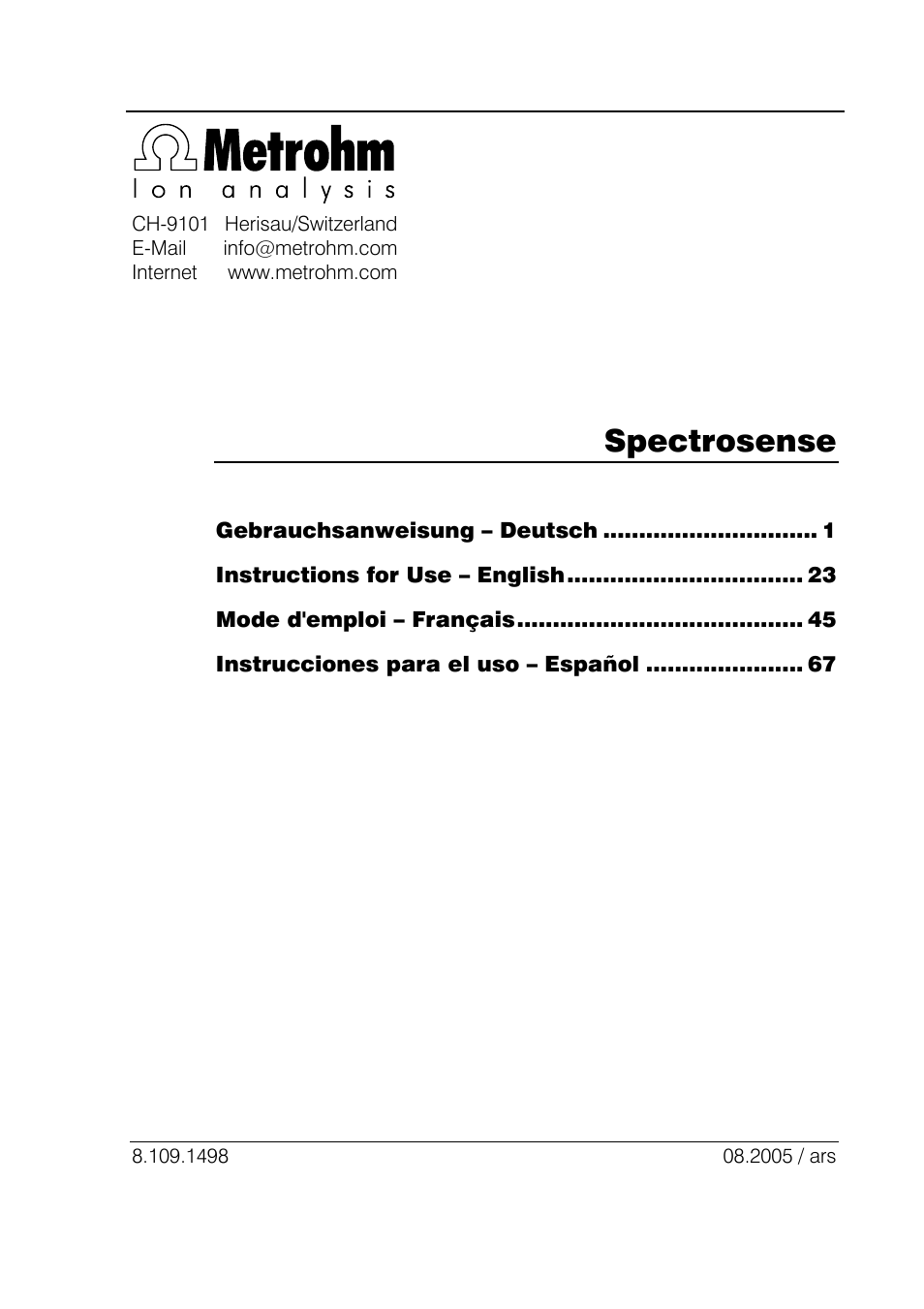 Spectrosense | Metrohm Spectrosense User Manual | Page 3 / 92