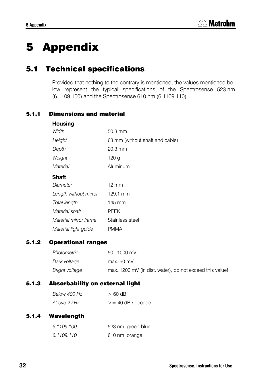 Appendix, 1 technical data, 5 appendix | 1 technical specifications | Metrohm Spectrosense User Manual | Page 36 / 92