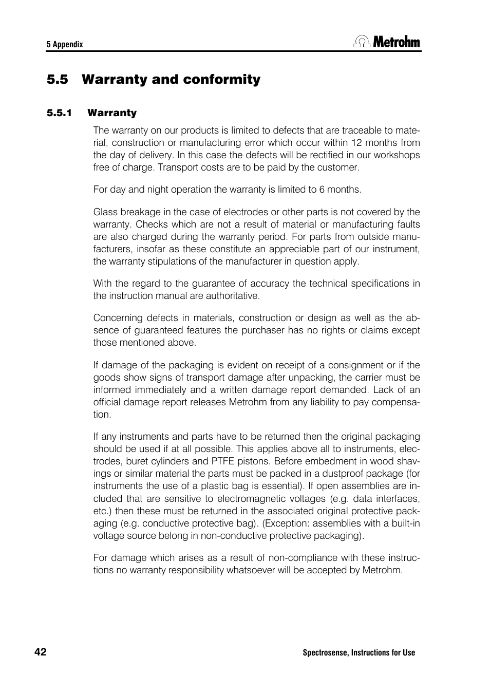 5 warranty and conformity | Metrohm Spectrosense User Manual | Page 46 / 92