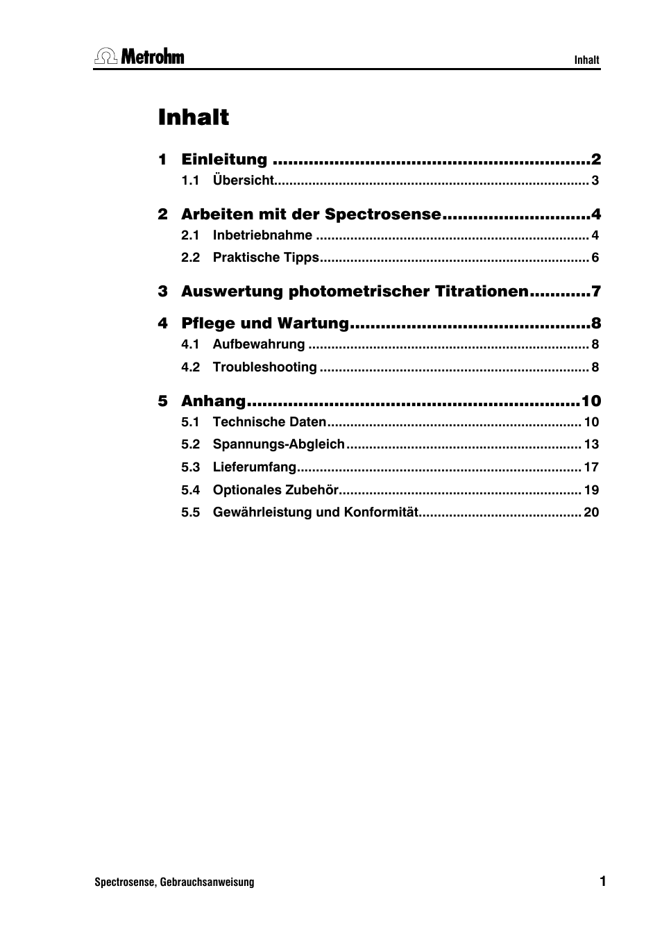 Inhalt | Metrohm Spectrosense User Manual | Page 5 / 92