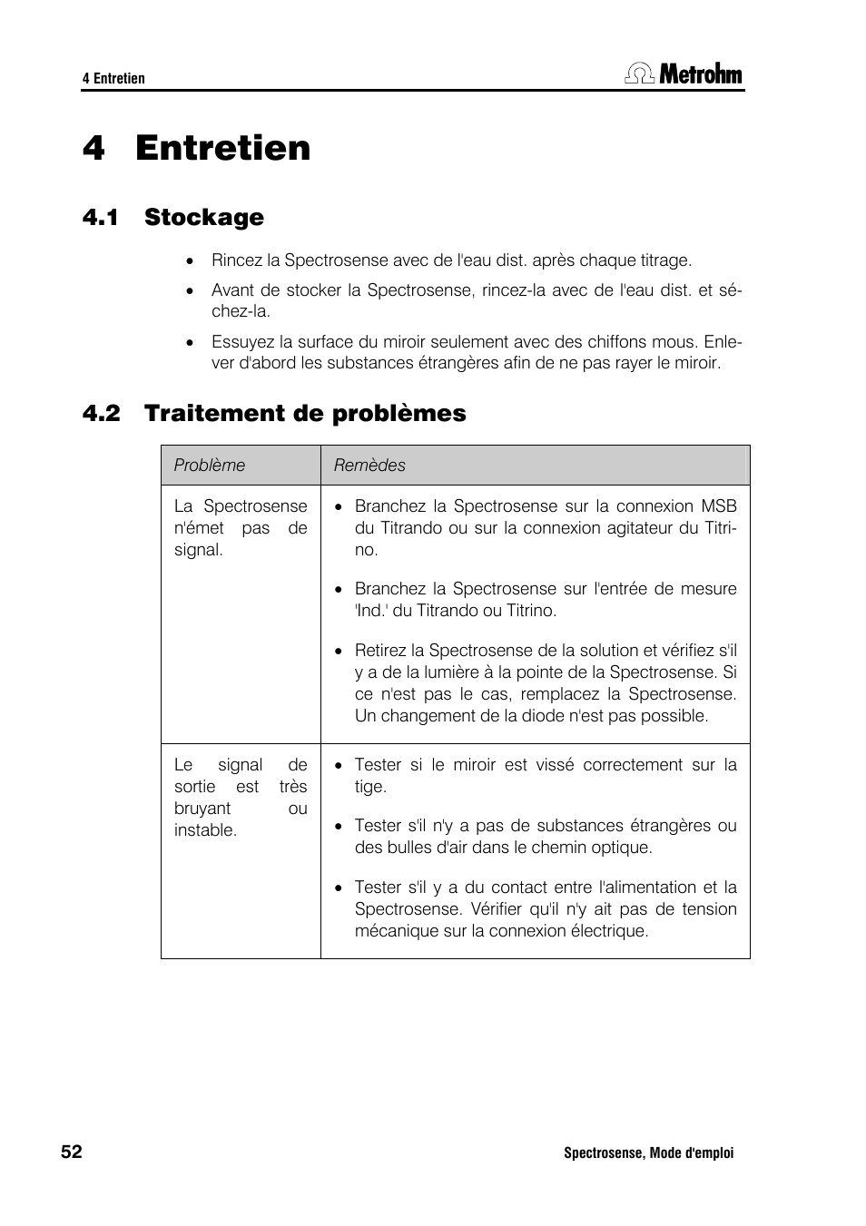 Entretien, 1 stockage 4.2 traitement de problèmes, 4 entretien | 1 stockage, 2 traitement de problèmes | Metrohm Spectrosense User Manual | Page 56 / 92