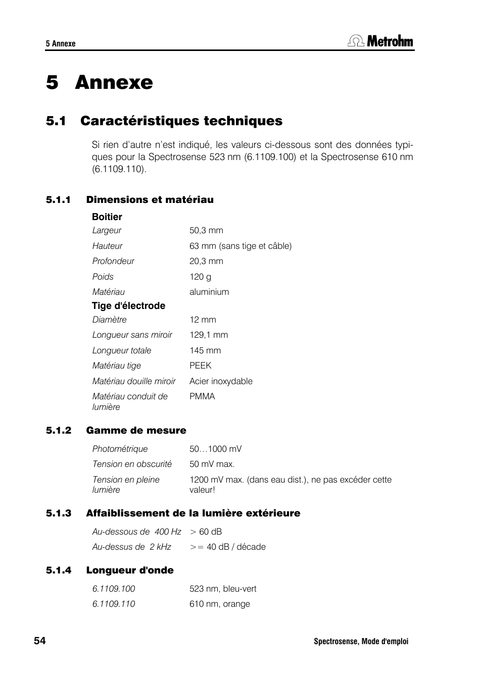 Annexe, 1 caractéristiques techniques, 5 annexe | Metrohm Spectrosense User Manual | Page 58 / 92