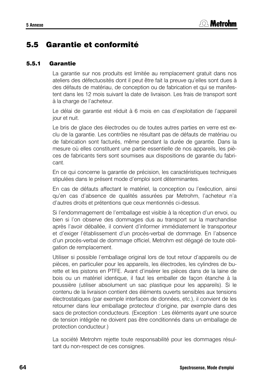 5 garantie et conformité | Metrohm Spectrosense User Manual | Page 68 / 92