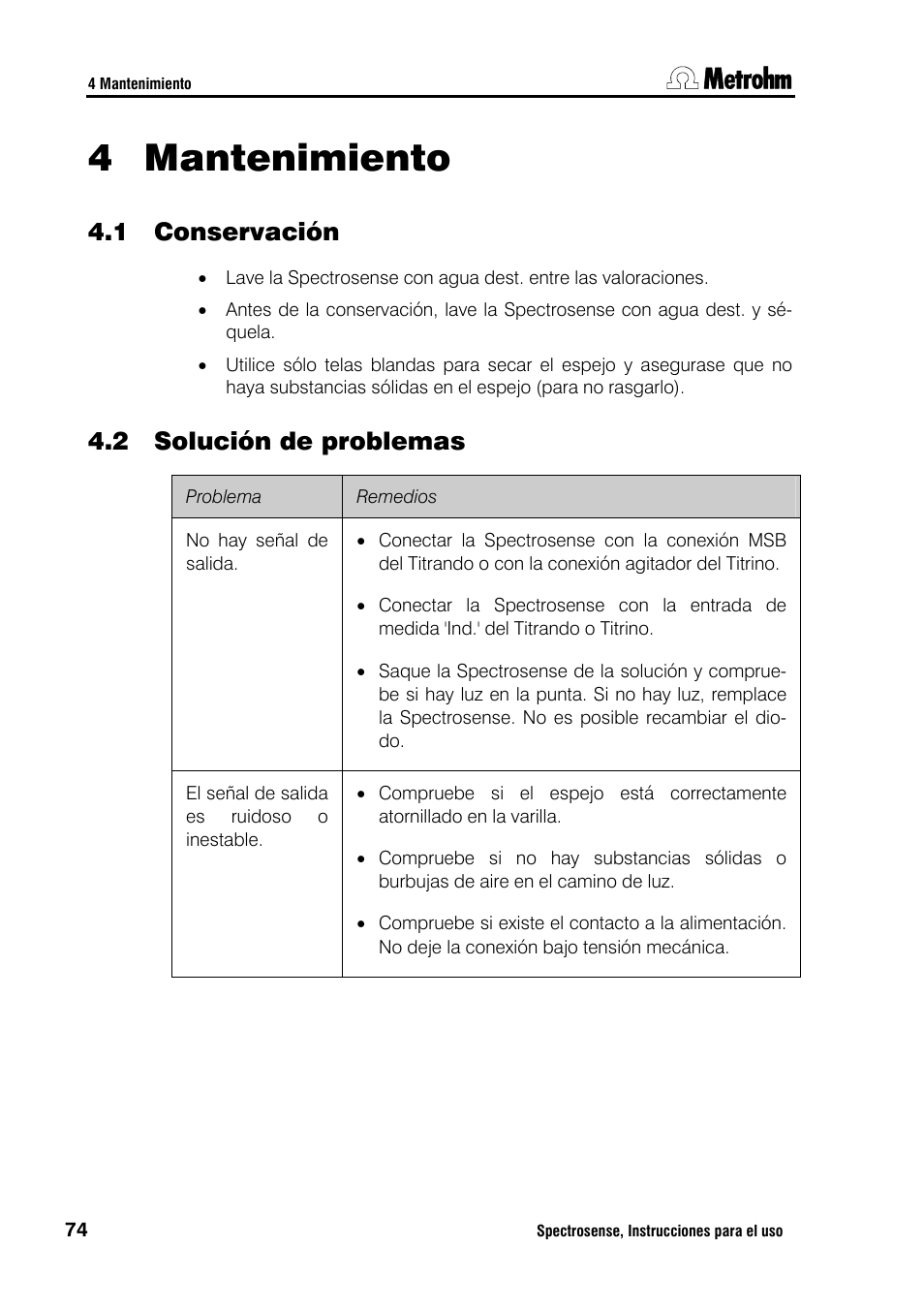 Mantenimiento, 1 conservación 4.2 solución de problemas, 4 mantenimiento | 1 conservación, 2 solución de problemas | Metrohm Spectrosense User Manual | Page 78 / 92