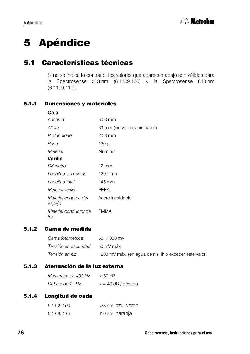 Apéndice, 1 características técnicas, 5 apéndice | Metrohm Spectrosense User Manual | Page 80 / 92