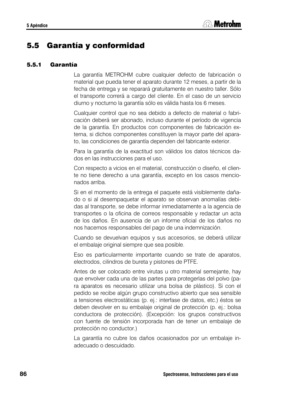 5 garantía y conformidad | Metrohm Spectrosense User Manual | Page 90 / 92