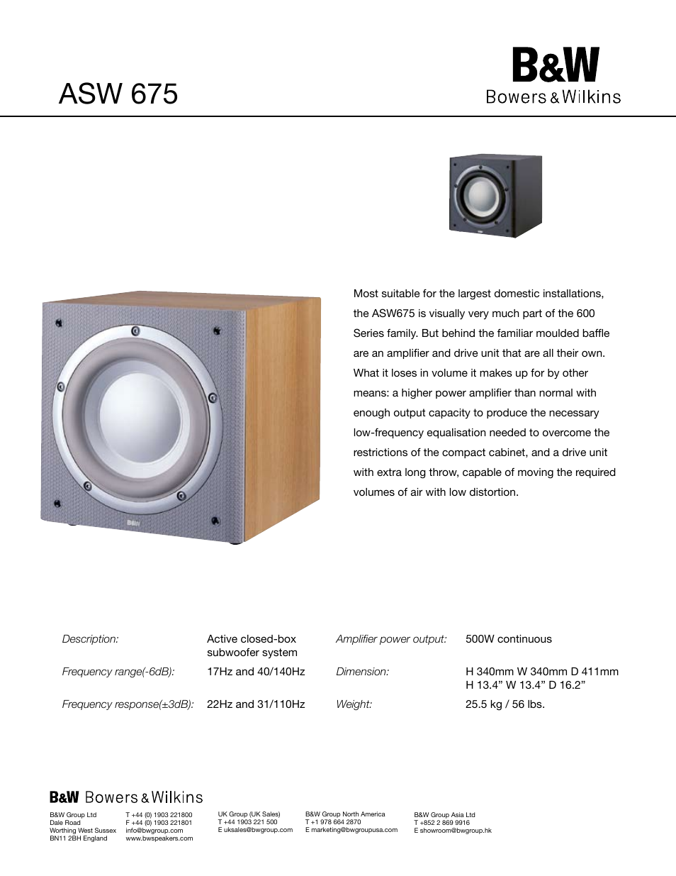 Bowers & Wilkins ASW Active Subwoofer ASW675 User Manual | 1 page