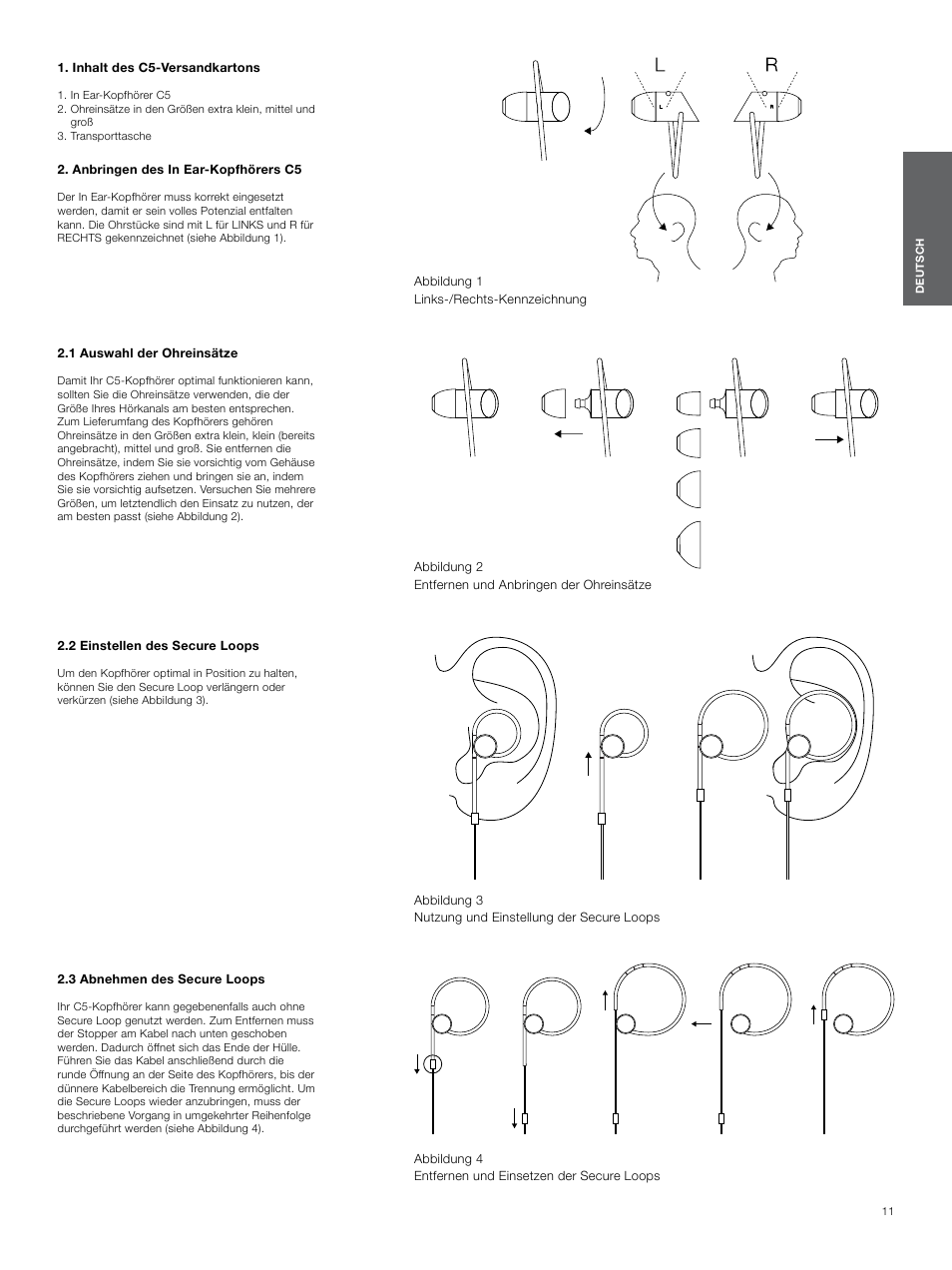 Inhalt des c5-versandkartons, Anbringen des in ear-kopfhörers c5, 1 auswahl der ohreinsätze | 2 einstellen des secure loops, 3 abnehmen des secure loops | Bowers & Wilkins C5 User Manual | Page 11 / 65