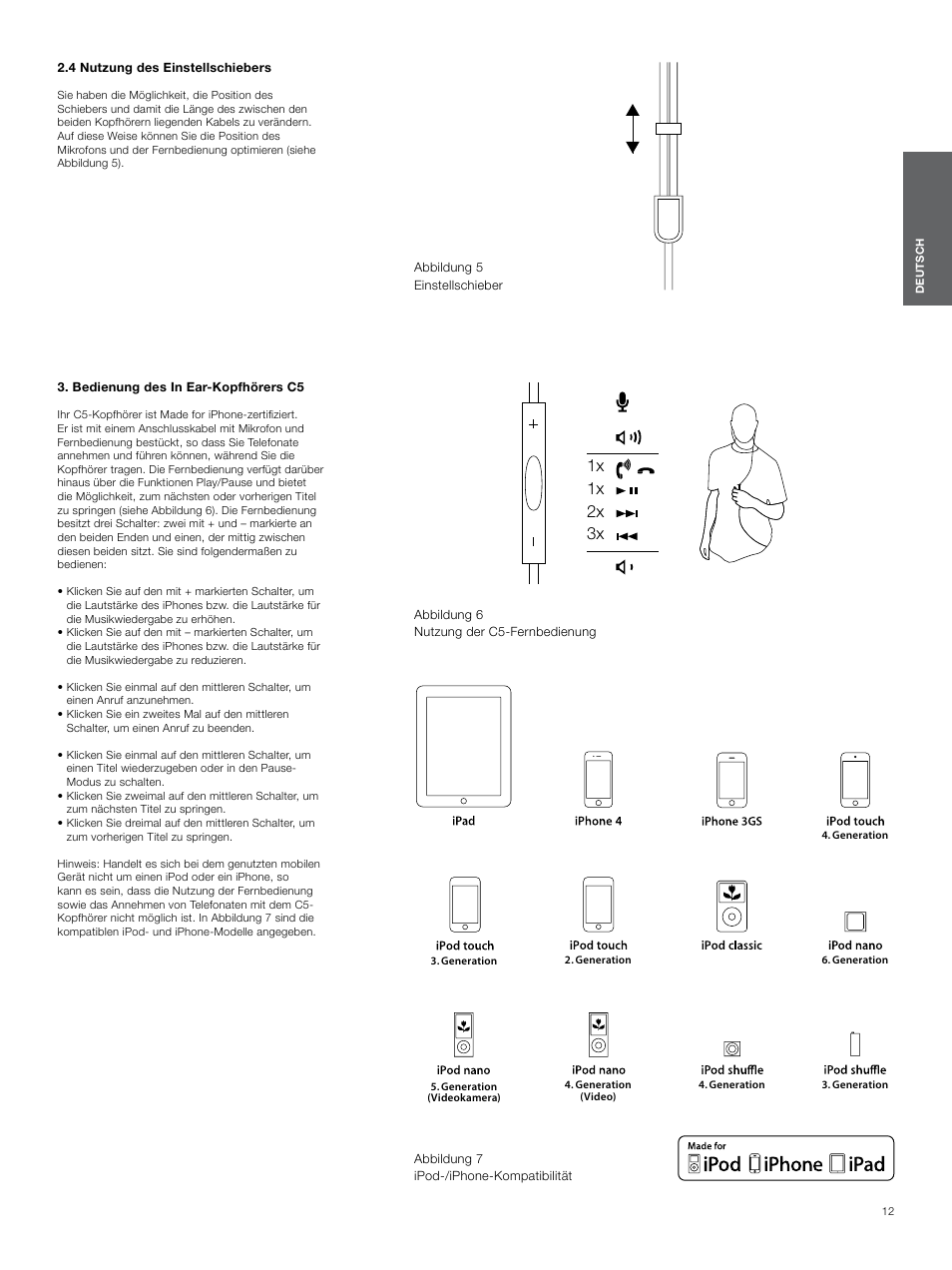 4 nutzung des einstellschiebers, Bedienung des in ear-kopfhörers c5, Bedienung des in ear-kopfhörers c5 12 | 1x 1x 2x 3x | Bowers & Wilkins C5 User Manual | Page 12 / 65