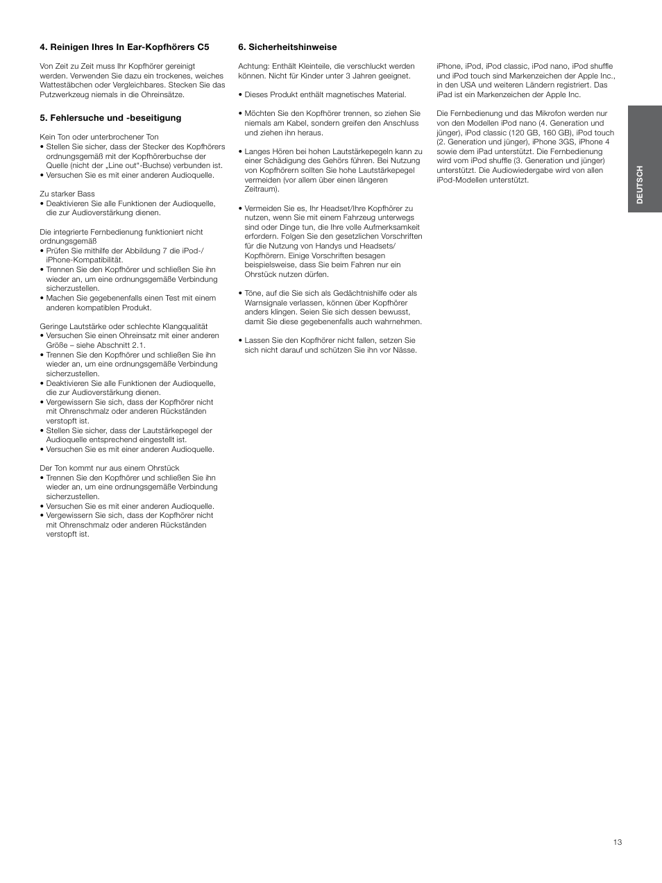Reinigen ihres in ear-kopfhörers c5, Fehlersuche und -beseitigung, Sicherheitshinweise | Bowers & Wilkins C5 User Manual | Page 13 / 65